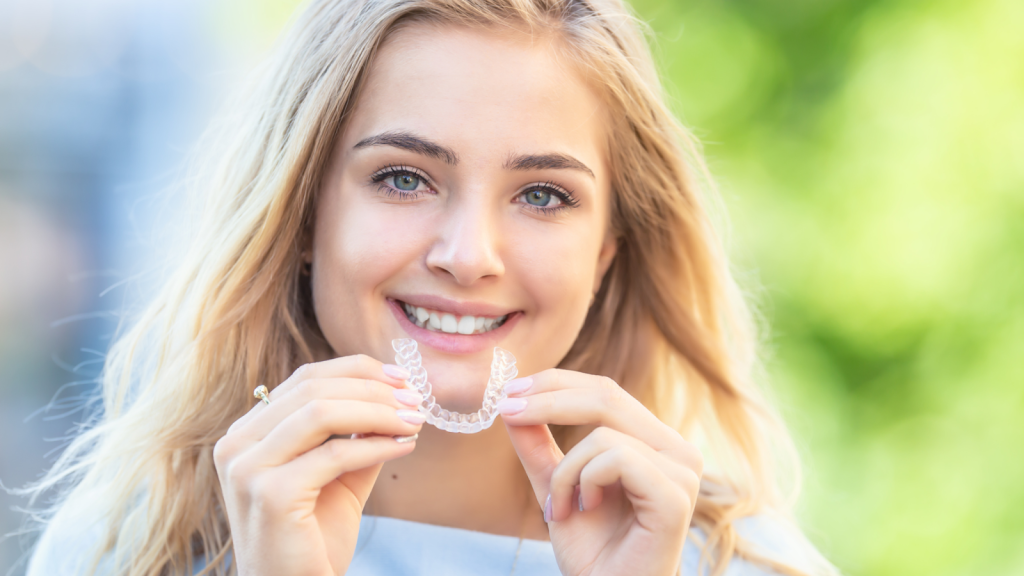 U-Smile Dental Club | Invisalign Teen: Why It’s the Clear Choice for Your Teenager Smiling young woman holding Invisalign clear aligners, demonstrating the ease and comfort of the treatment.